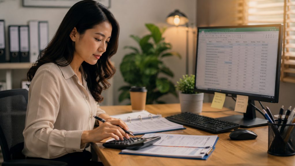 An administrative professional working at a desk
